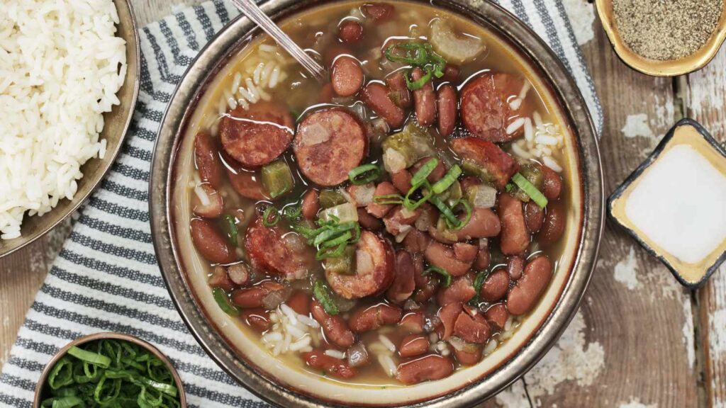 Red beans and rice with sausage, shrimp and fresh seasons.